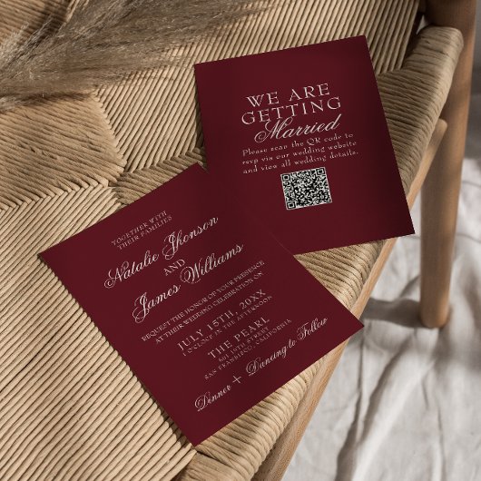 Invitation Classic Burgundy Fancy Old Money QR Code Wedding