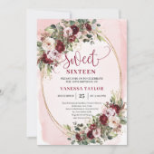 Invitation Classic Burgundy Floral Gold Sweet Sixteen Card (Devant)