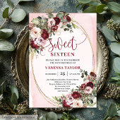 Invitation Classic Burgundy Floral Gold Sweet Sixteen Card