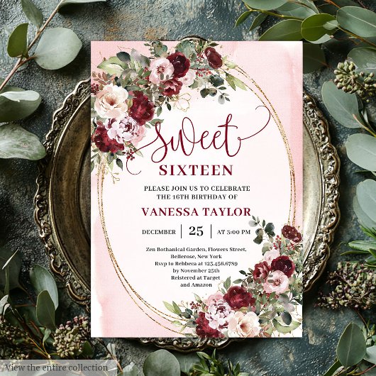 Invitation Classic Burgundy Floral Gold Sweet Sixteen Card