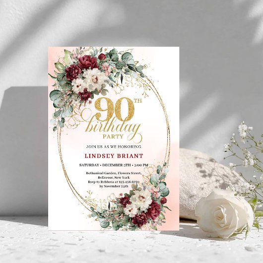Invitation Classic Burgundy Flowers Gold 90th Birthday Invite