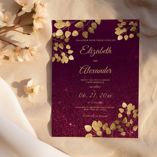 Invitation Classic burgundy glitter gold eucalyptus Wedding