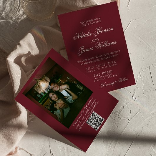 Invitation Classic Burgundy Old Money QR Code Photo Wedding