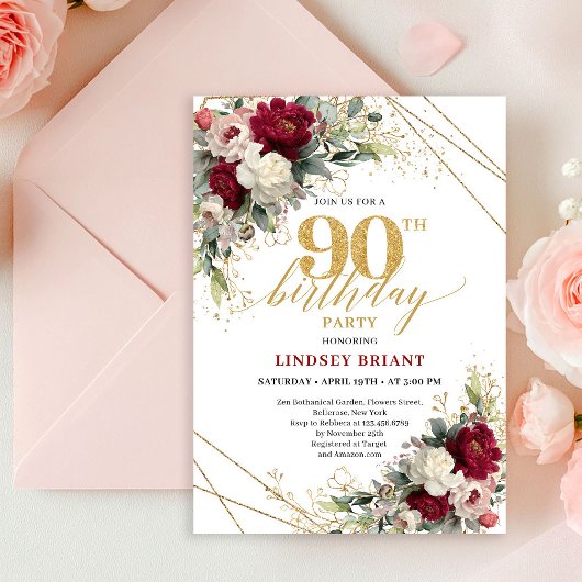 Invitation Classic Burgundy White Gold Roses 90th Birthday