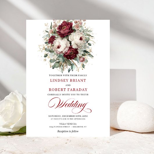 Invitation Classic Burgundy White Watercolor Wedding Invite
