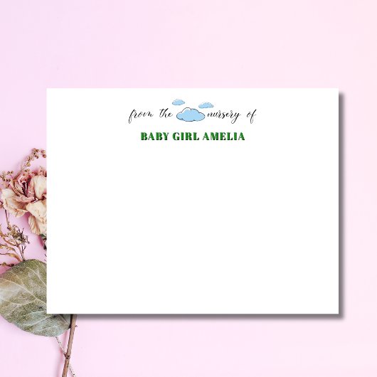 Invitation Classic Clouds Forest Green Name Nursery Note Card