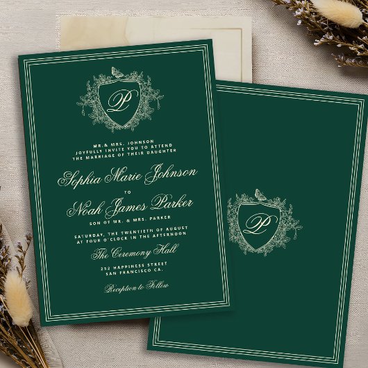 Invitation Classic crest monogram emerald green wedding