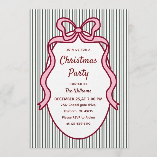 Invitation Classic Dark Green Stripes & Pink Bow Christmas  (Devant)