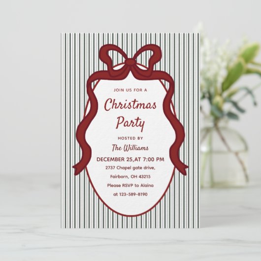Invitation Classic Dark Green Stripes & Red Bow Christmas  (Debout devant)
