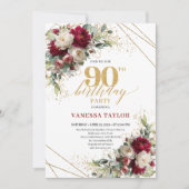 Invitation Classic Deep Red Floral Gold 90th Birthday Invite (Devant)