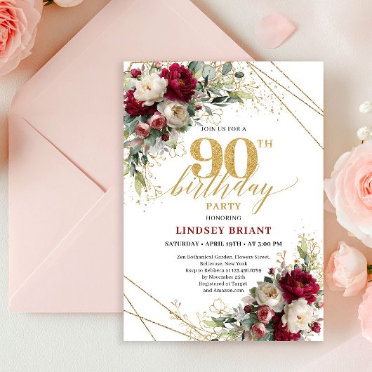 Invitation Classic Deep Red Floral Gold 90th Birthday Invite