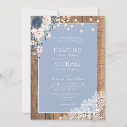 Invitation Classic Dusty Blue Blush Rustic Wood Lace Script (Devant)