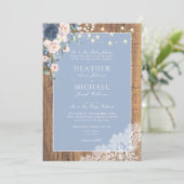 Invitation Classic Dusty Blue Blush Rustic Wood Lace Script (Debout devant)