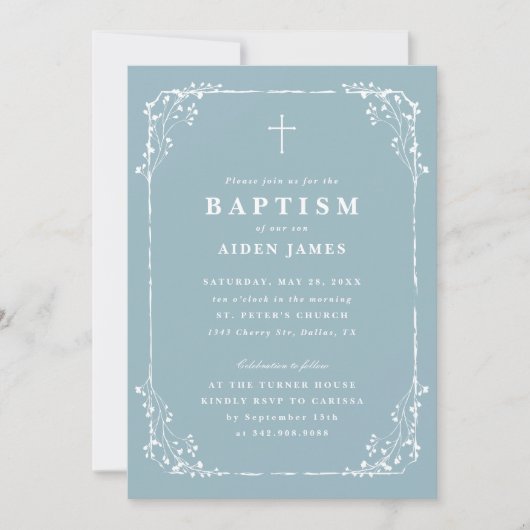 Invitation Classic Dusty Blue Dainty Floral Frame Baptism (Devant)