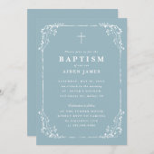 Invitation Classic Dusty Blue Dainty Floral Frame Baptism (Devant / Derrière)