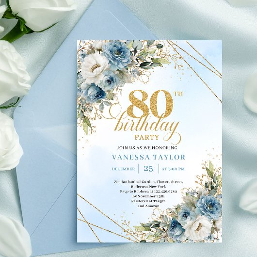 Invitation Classic Dusty Blue Floral Gold 80th Birthday Invit