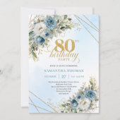 Invitation Classic Dusty Blue Floral Gold 80th Birthday Invit (Devant)