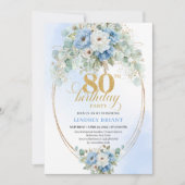 Invitation Classic Dusty Blue Floral Gold Frame 80th Birthday (Devant)