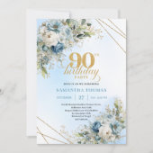 Invitation Classic Dusty Blue Gold Frame 90th Birthday Invite (Devant)