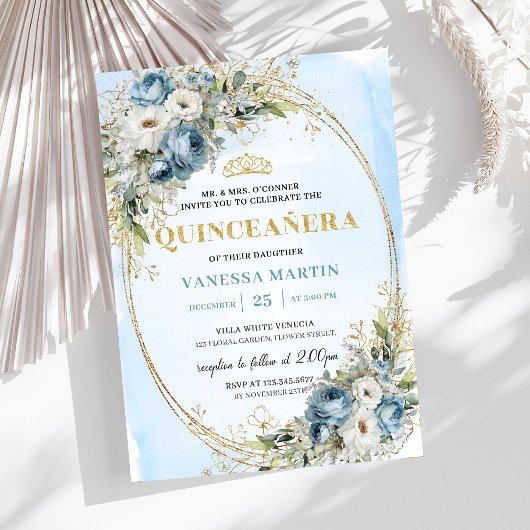 Invitation Classic Dusty Blue Gold Greenery Quinceañera