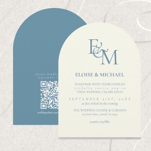 Invitation Classic Dusty Blue Monogram Minimalist Wedding