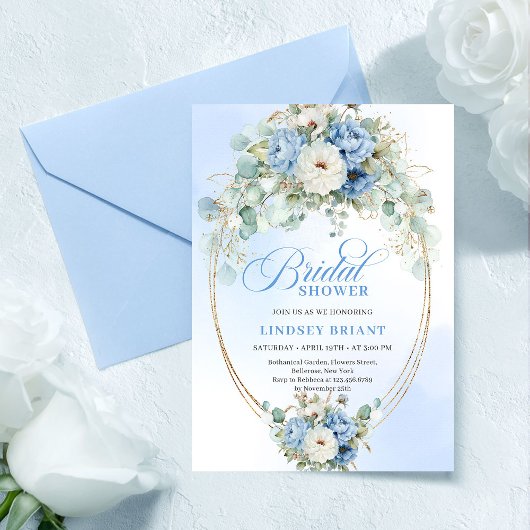 Invitation Classic Dusty Blue Peony Gold Bridal Shower Invite