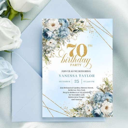 Invitation Classic dusty blue watercolor florals 70 birthday