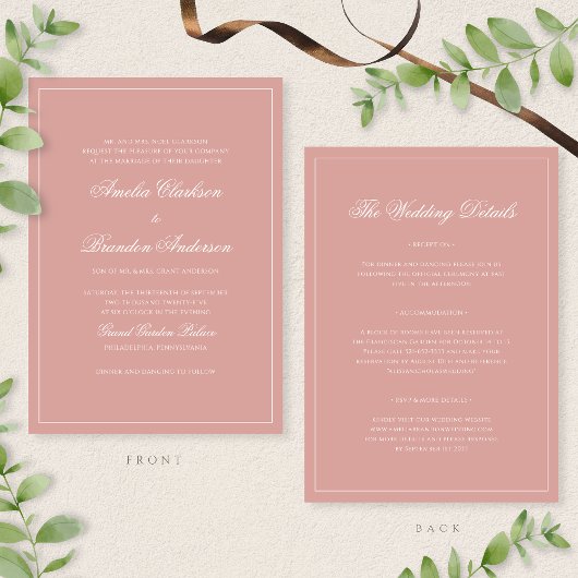 Invitation Classic Dusty Rose Border Script Wedding Details &