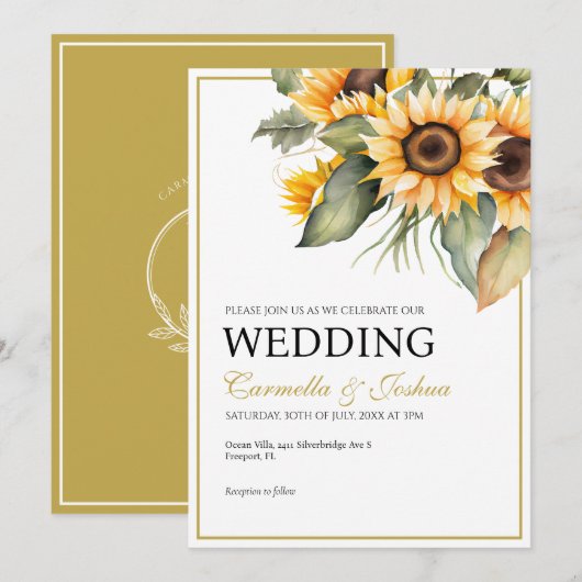 Invitation Classic Elegant Aquarelle Sunflower Boho Mariage (Devant / Derrière)