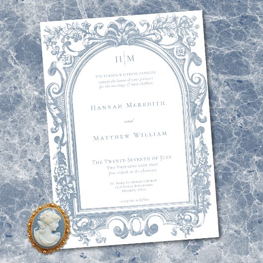 Invitation Classic Elegant Blue Arch Floral Frame Wedding