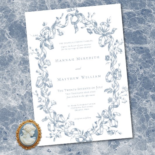 Invitation Classic Elegant Blue Oval Ribbon Frame Wedding