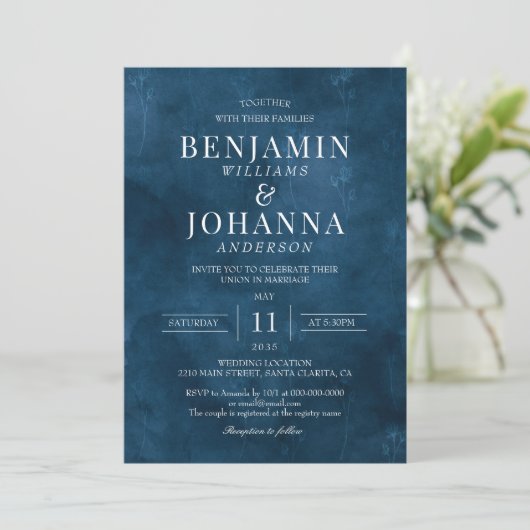 Invitation Classic Elegant Floral Blue Mariage (Debout devant)