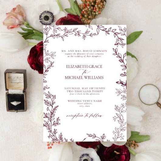 Invitation Classic Elegant Formal Bourgogne Mariage Leafy