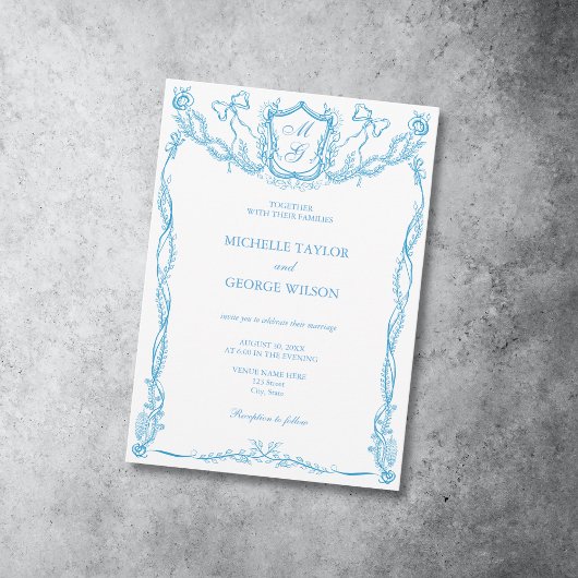 Invitation Classic Elegant Français Bleu Cimier Monogramme Bo
