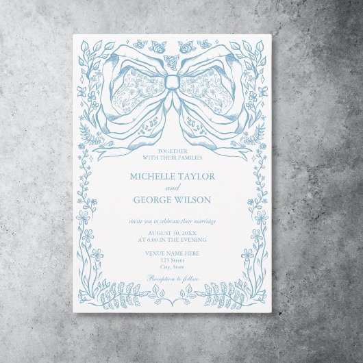 Invitation Classic Elegant Français Bleu Coquette Floral Bow