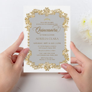 Invitation Classic Elegant Ivoire Blanc Or Tiara Quinceanera