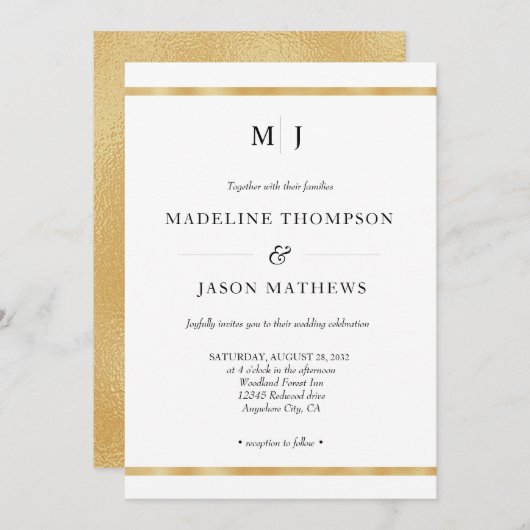 Invitation Classic Elegant Ivoire Or Mariage Monogramme (Devant / Derrière)