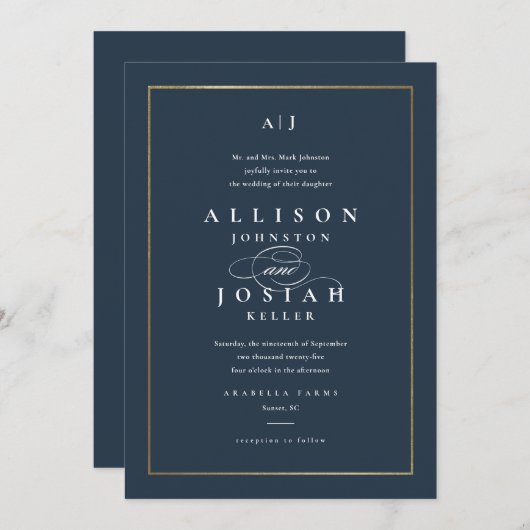 Invitation Classic Elegant Mariage Or (Devant / Derrière)