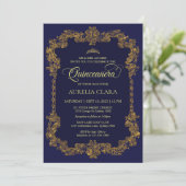Invitation Classic Elegant Marine Bleu Or Tiara Quinceanera (Debout devant)