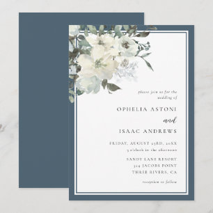 Invitation Classic Elegant Marine Blue Ivory Floral Mariage