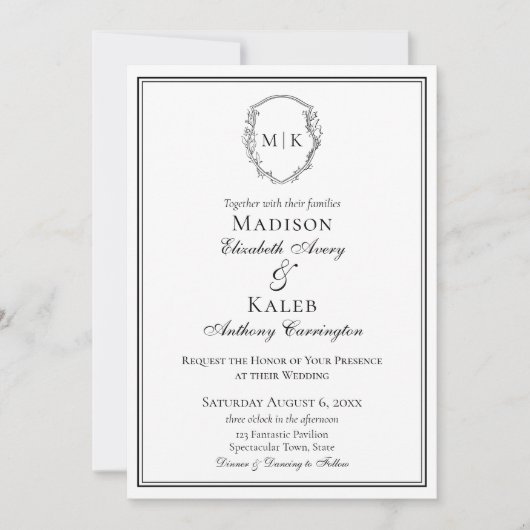 Invitation Classic Élégant Monogramme Botanique Crest Bordée (Devant)