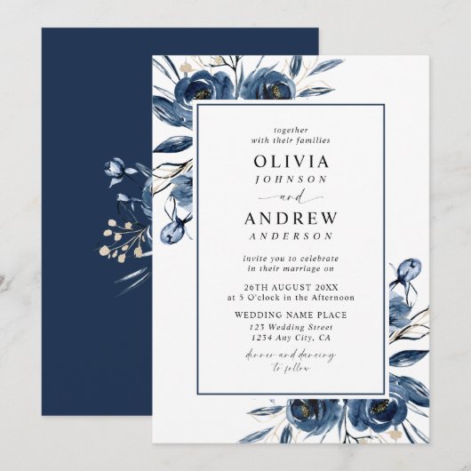 Invitation Classic Elegant Navy Blue Watercolor Wedding (Devant / Derrière)