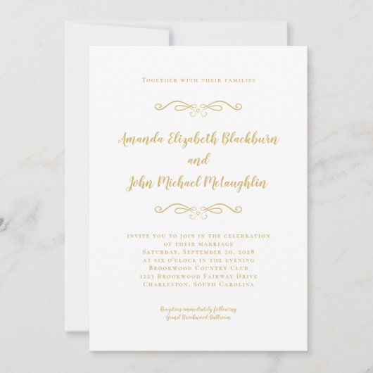 Invitation Classic Elegant or blanc intemporel Mariage formel (Devant)