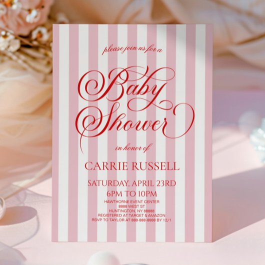 Invitation Classic Elegant Red Pink Stripes Girl Baby Shower