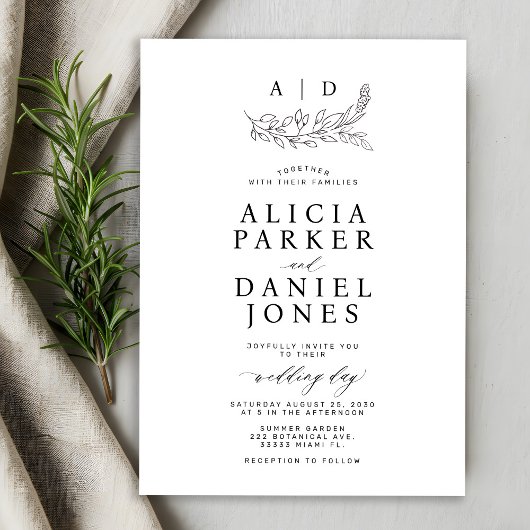 Invitation Classic elegant white black monogram wedding