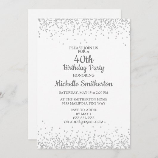 Invitation Classic Elegant White Silver Parties scintillant 4 (Devant / Derrière)