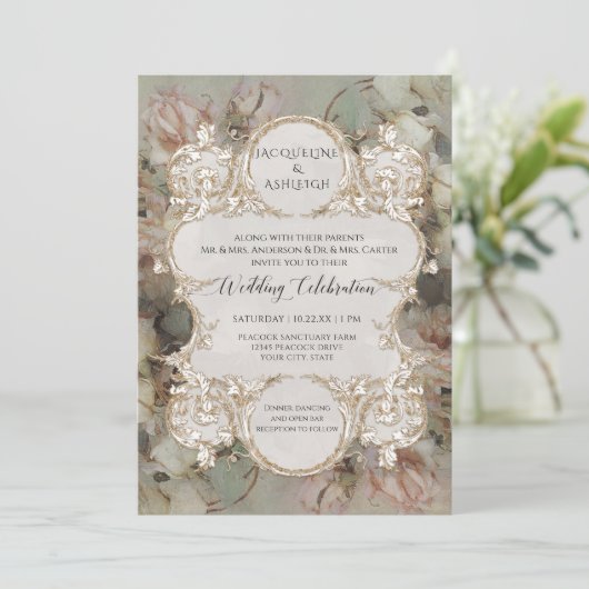 Invitation Classic Floral Rose Rose Rose Or Script doré (Debout devant)
