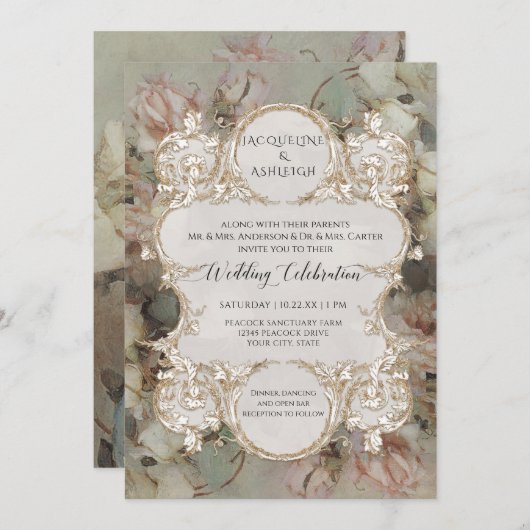 Invitation Classic Floral Rose Rose Rose Or Script doré (Devant / Derrière)