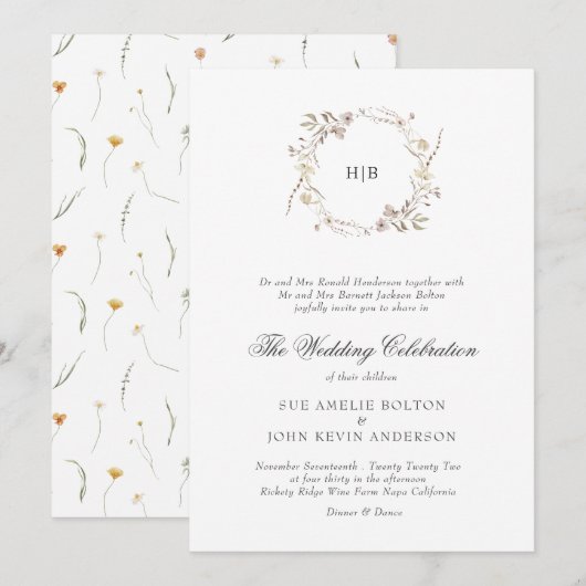 Invitation Classic Floral Wreath Monogram Surname Wedding  (Devant / Derrière)