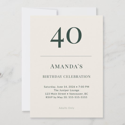 Invitation Classic Forest & Linen 40th Birthday Celebration (Devant)